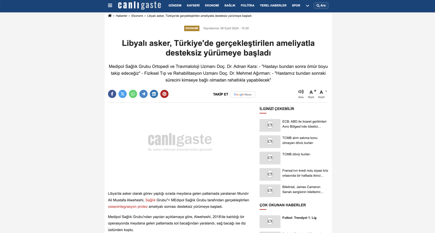 Libyalı asker, Türkiye’de gerçekleştirilen ameliyatla desteksiz yürümeye başladı (Canlı Gaste)