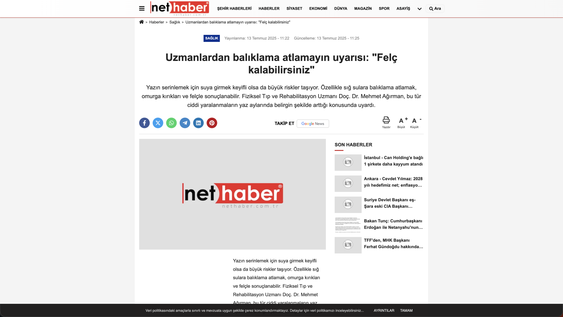 Uzmanlardan balıklama atlamayın uyarısı: ”Felç kalabilirsiniz” (Net Haber)