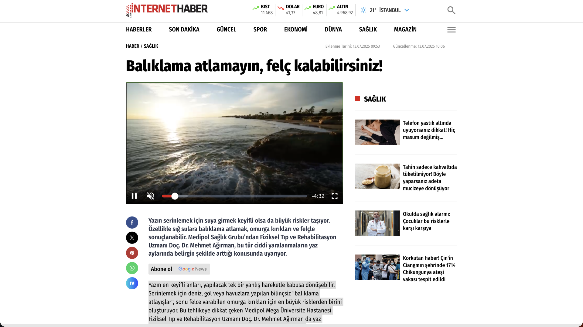 Balıklama atlamayın, felç kalabilirsiniz! (İnternet Haber)