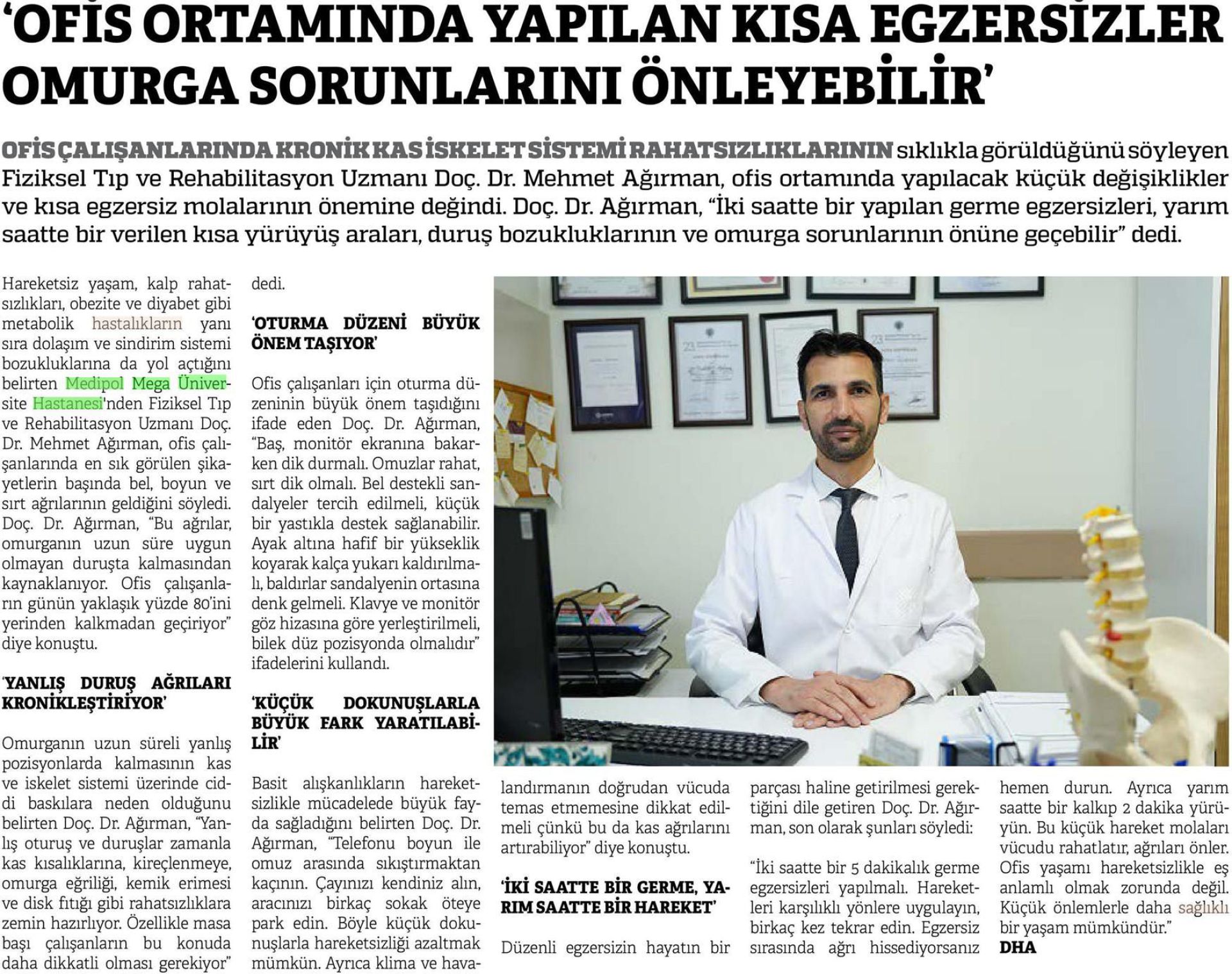 ‘OFİS ORTAMINDA YAPILAN KISA EGZERSİZLER OMURGA SORUNLARINI ÖNLEYEBİLİR’